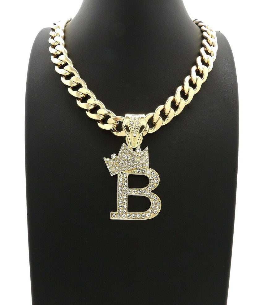 Hip Hop Crowned Alphabet Initial Pendant & 11mm 18" Cuban Choker Chain Necklace