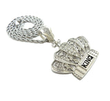 HIP HOP ICED OUT SILVER PT CROWNED KING PENDANT & 4mm 24" ROPE CHAIN NECKLACE