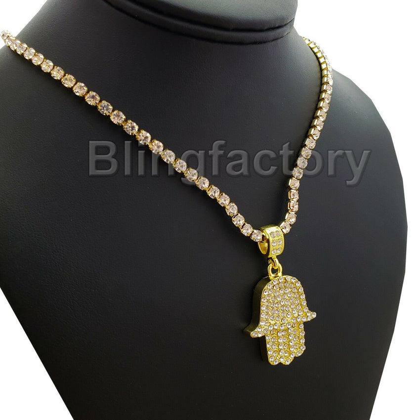 Hip Hop Iced HAMSA KHAMSA Pendant & 1 Row Diamond Tennis Choker Chain Necklace