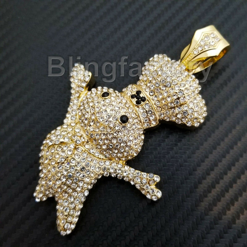 HIP HOP ICED OUT 14K GOLD PLATED LAB DIAMOND RAPPER'S LARGE DOUGHBOY PENDANT