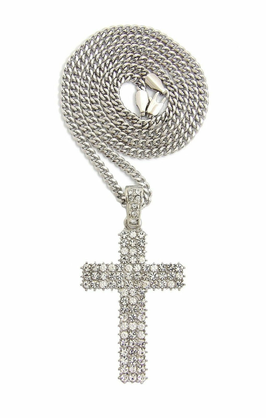 Hip Hop Full Iced Shiny Cross Pendant & 24" Box, Cuban, Rope Chain Necklace