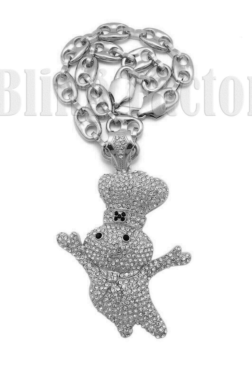 Iced out Hip Hop Large Doughboy Pendant & 12mm 20" 24" 30" Marina Chain Necklace
