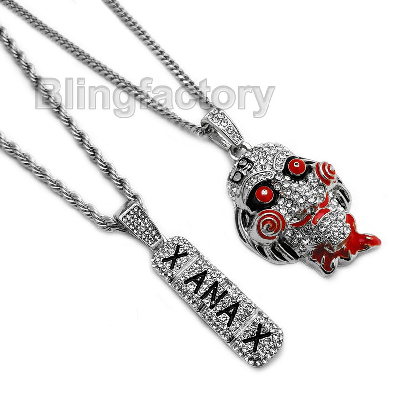 Hip Hop Iced out Saw & XANAX Pendant & 20" 24" Rope, Cuban Chain Necklace set