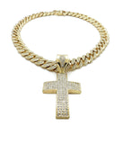 Hip Hop Cross Pendant & 12mm 18" Iced out Box Lock Cuban Choker Chain Necklace