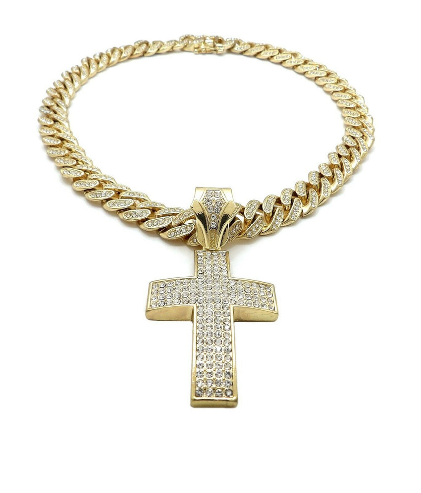 Hip Hop Cross Pendant & 12mm 18" Iced out Box Lock Cuban Choker Chain Necklace