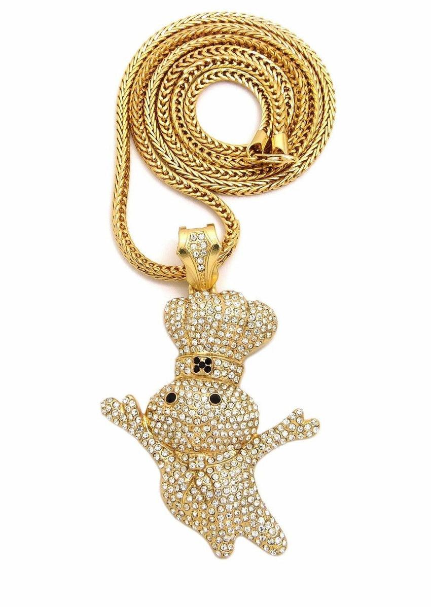 NEW ICED OUT BLING "DOUGH BOY" PENDANT & 4mm 36" FRANCO CHAIN HIP HOP NECKLACE