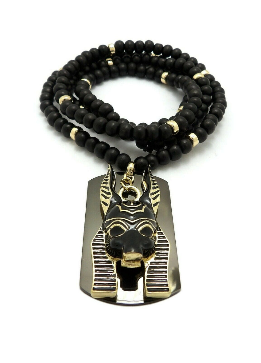 Hip Hop Egyptian Anubis & Dog Tag Pendant & 6mm 30" Wooden Bead Necklace
