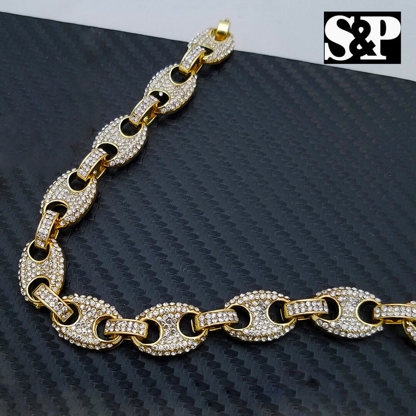 MEN'S ICED OUT HIP HOP GOLD PT WATCH & GUCCI LINK CHAIN BRACELET COMBO SET