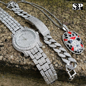 HIP HOP SLAUGHTER GANG LAB DIAMOND NECKLACE & WATCH & MIAMI CUBAN BRACELET SET