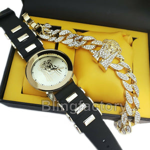 NEW HIP HOP GOLD PT JESUS FACE WATCH & ICED OUT CUBAB LINK BRACELET COMBO SET