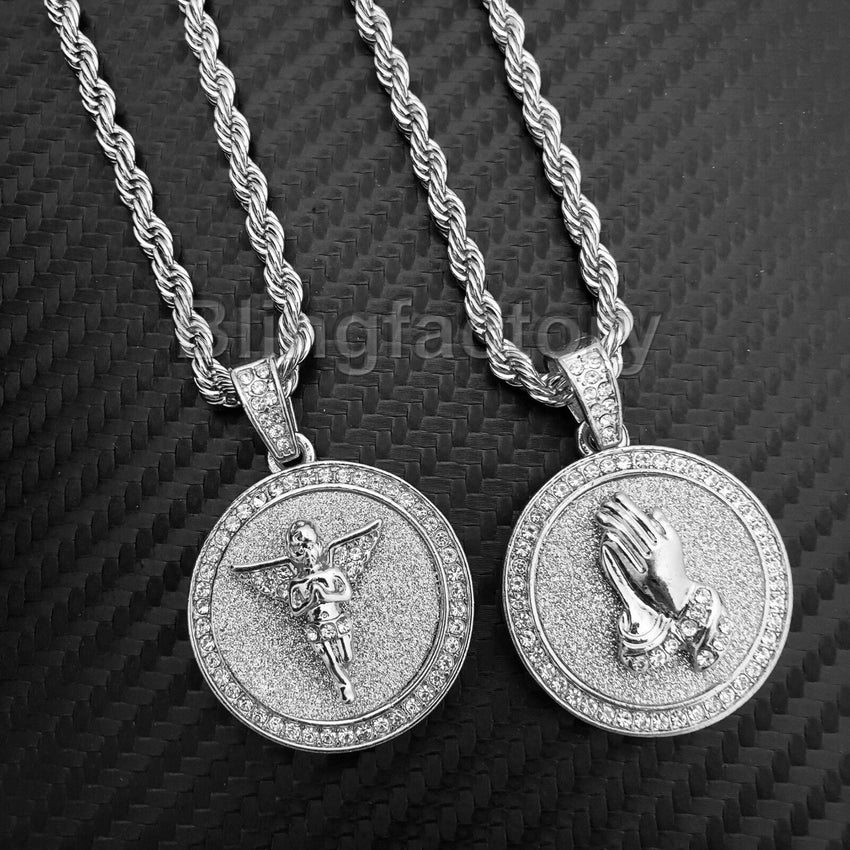 Hip Hop Iced Out Baby Angel & Praying Hands Pendant & 24" Rope Chain Necklace