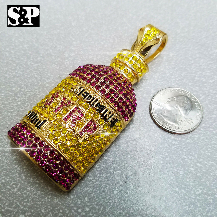 Hip Hop Rapper's Iced Out Lab Diamonds Gold plated Syrup Bottle Pendant