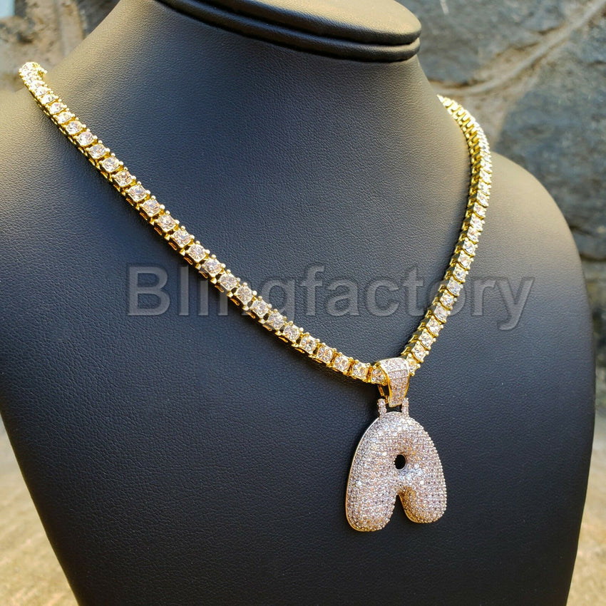 Hip Hop Bubble Letter "A" Brass Pendant & 18" 1 Row Tennis Choker Chain Necklace