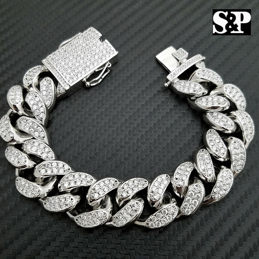 Hip Hop Iced out 19mm 8.5" Heavy White Gold PT Brass Micro Pave Stone Bracelet