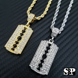 Fashion Iced Barber Shop Razor Blade Pendant w/ 4mm 24" Rope Chain Necklace