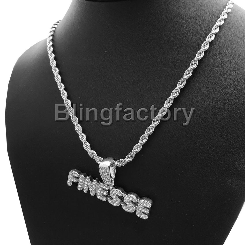 Hip Hop Iced out Lab Diamond FINESSE Pendant, 4mm 24" Rope Chain Necklace