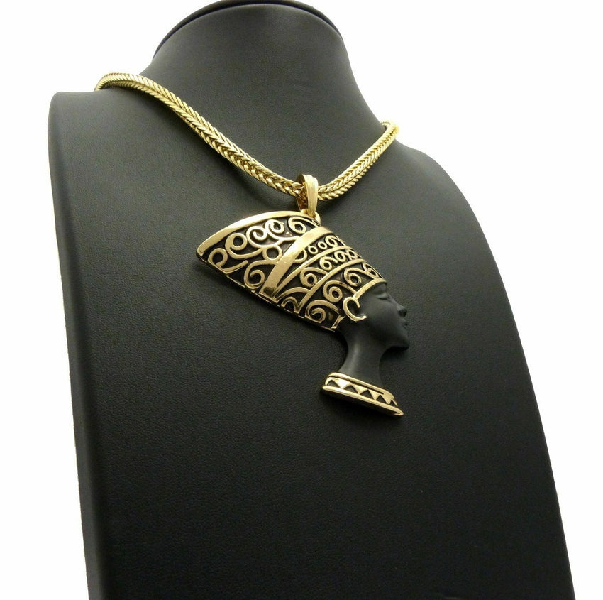 NEW CELEBRITY EGYPTIAN NEFERTITI PENDANT & 4mm 18" FRANCO CHAIN HIP HOP NECKLACE