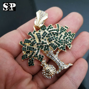 ICED OUT 14K GOLD PT LAB DIAMONDS DOLLAR MONEY BAG TREE PENDANT CHARM