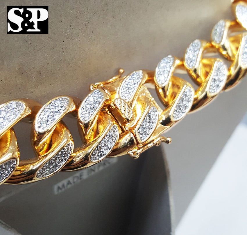 Hip Hop Rapper Iced Out 17mm 30" Brass Gold Plated Miami Cuban Chain Necklace