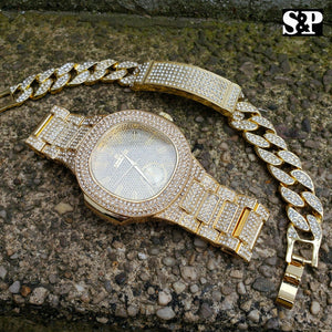 MEN'S HIP HOP GOLD PT BLING LAB DIAMOND WATCH & FULL ICED BRACELET COMBO SET