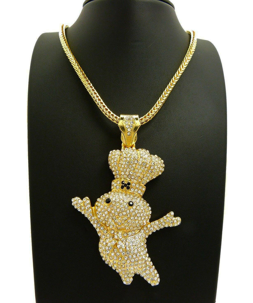 NEW ICED OUT BLING "DOUGH BOY" PENDANT & 4mm 36" FRANCO CHAIN HIP HOP NECKLACE