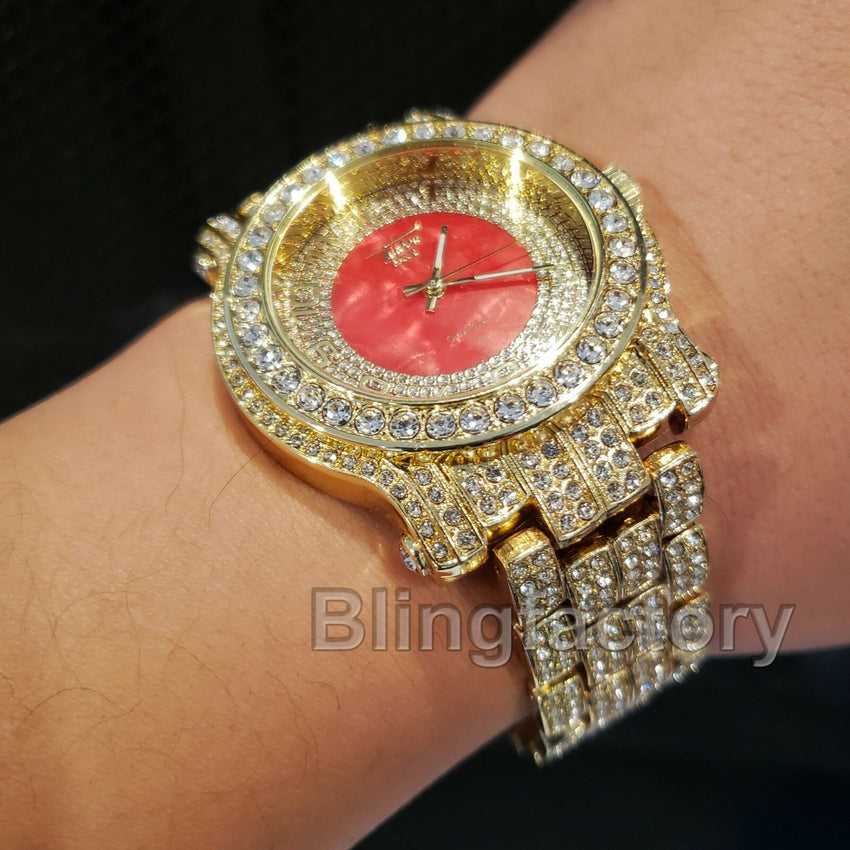 Men's Hip Hop Iced out Gold Plated Bling Red Dial Lab Diamond Rapper Metal Watch
