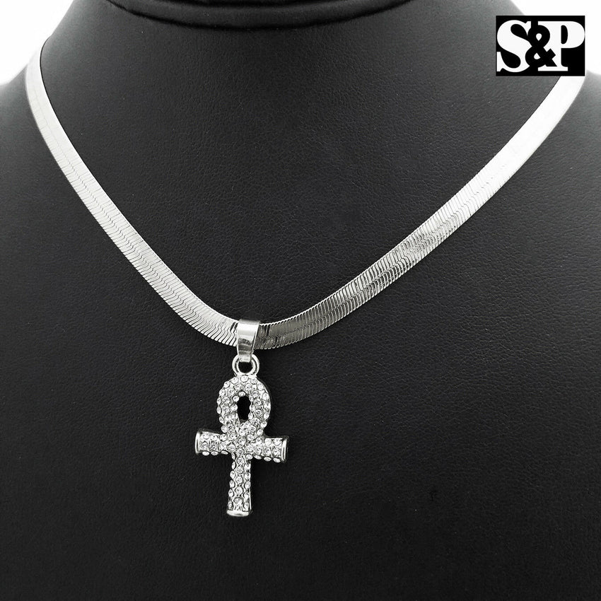Unisex Hip Hop Iced Ankh Pendant, 5mm 20" Herringbone Choker Chain Necklace