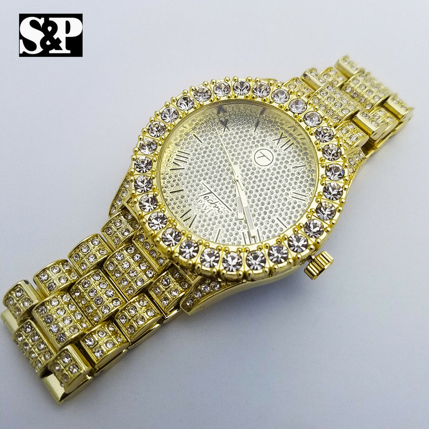 MEN'S ICED OUT HIP HOP GOLD PT WATCH & GUCCI LINK CHAIN BRACELET COMBO SET
