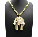 14K Gold PT Egyptian Pharaoh King Tut Pendant W/ 6mm 30" Cuban Chain Necklace