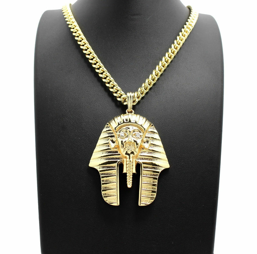 14K Gold PT Egyptian Pharaoh King Tut Pendant W/ 6mm 30" Cuban Chain Necklace