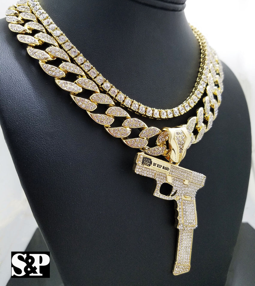 Hip Hop 37 Rip Mary Gun w/ 18" Full Iced Cuban & 1 ROW DIAMOND Choker Chain Necklace Set