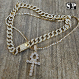 Hip Hop Ankh Cross Pendant & 18" Full Iced Cuban & 1 ROW Tennis Choker Chain Necklace Set