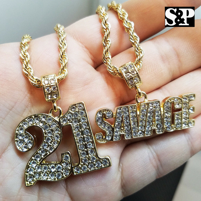 Men's Hip Hop Gold PT SAVAGE 21 Pendant w/ 4mm 24" Rope Chain 2 Necklace set