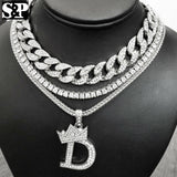 Hip Hop Quavo Choker 18" Full Iced Cuban & 1 ROW DIAMOND CHAIN & "D" Necklace