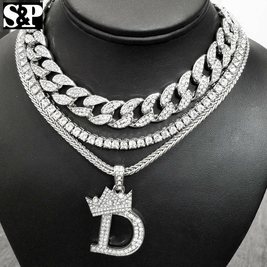 Hip Hop Quavo Choker 18" Full Iced Cuban & 1 ROW DIAMOND CHAIN & "D" Necklace