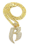 Iced Out Hip Hop RUFF RIDERS R Pendant & 7mm 30" Lab Diamonds Figaro Chain Necklace