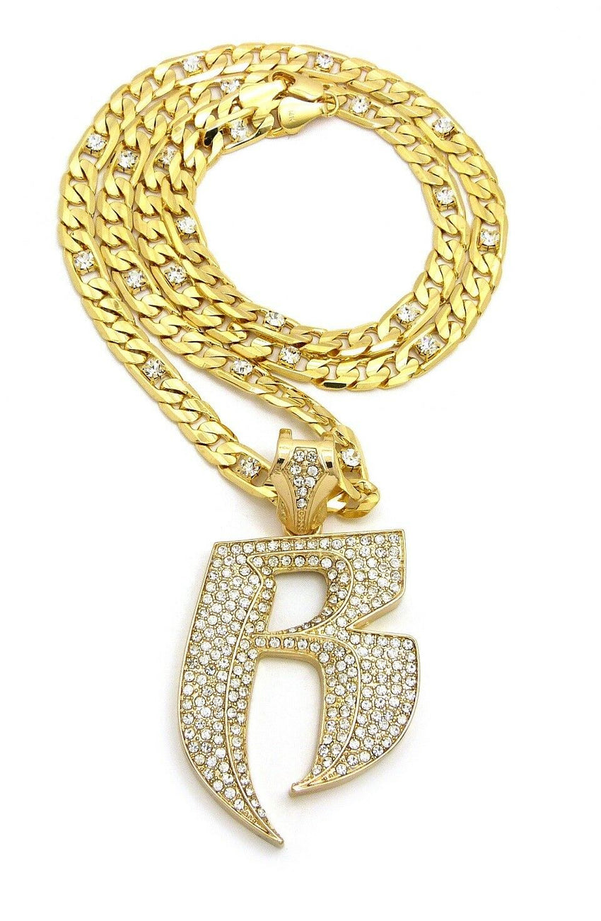 Iced Out Hip Hop RUFF RIDERS R Pendant & 7mm 30" Lab Diamonds Figaro Chain Necklace