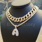 Hip Hop Bubble Letter "A" & 18" Full Iced Cuban & 1 Row Tennis Choker Chain Necklace Set