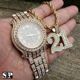 Men's Hip Hop Iced Out Bling Lab Diamond Watch & Savage 21 Necklace combo Set