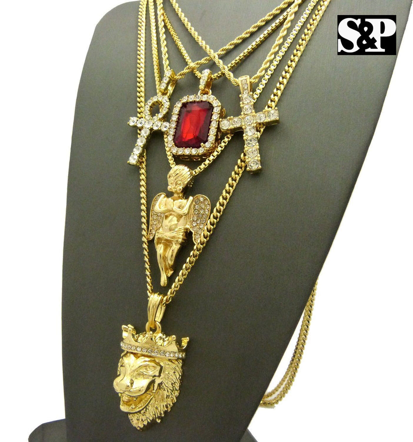 Hip Hop Iced Out Ankh, Cross, Red Ruby, Angel, Lion Head Pendant 5 Necklace Set