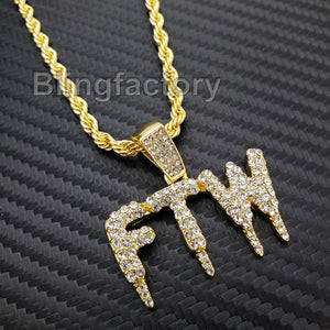 Hip Hop Iced out Lab Diamond FTW DRIP Pendant & 4mm 24