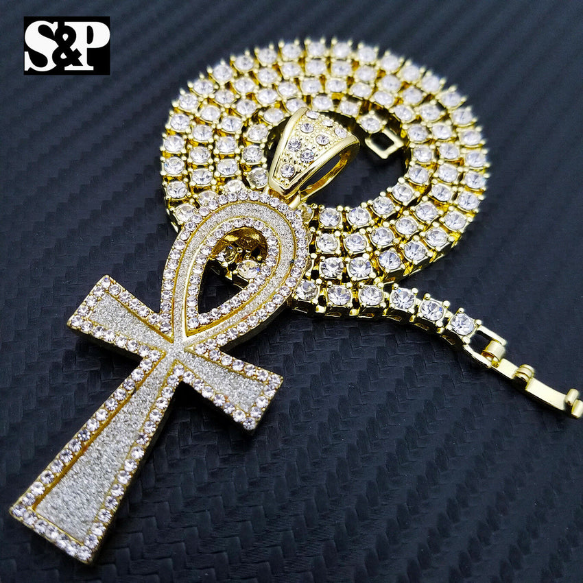 Hip Hop Ankh Cross Pendant & 18" Full Iced 1 ROW DIAMOND Tennis Choker Chain Necklace