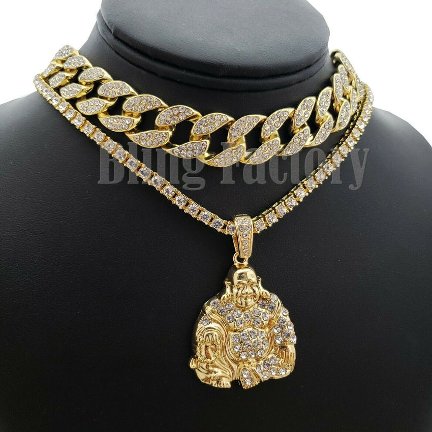 Hip Hop Happy Buddha Pendant & 18" Full Iced Cuban & 1 ROW Tennis Choker Chain Necklace set