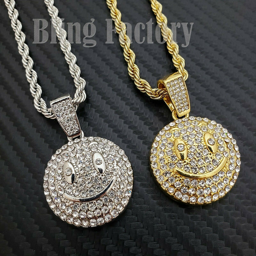 Hip Hop Iced Emoji Smile Face Charm Pendant & 4mm 24" Rope Chain Necklace