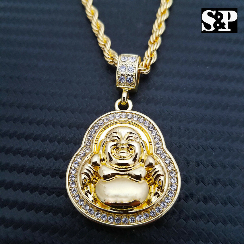 Unisex Lab Diamonds Lucky Happy Buddha Pendant & 4mm 24" Rope Chain Necklace