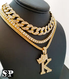 Hip Hop Quavo Choker 16" Full Iced Cuban & 1 ROW DIAMOND CHAIN & "K" Necklace