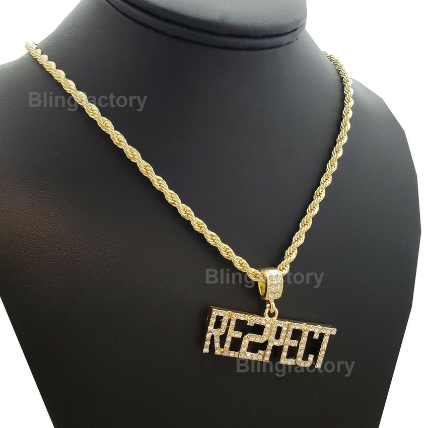 Hip Hop Iced out Rapper's "RESPECT" Pendant & 4mm 24" Rope Chain Necklace