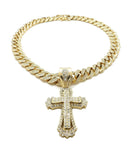 Hip Hop Gold Plated Cross Pendant & 12mm 20" Iced Box Lock Cuban Choker Chain Necklace