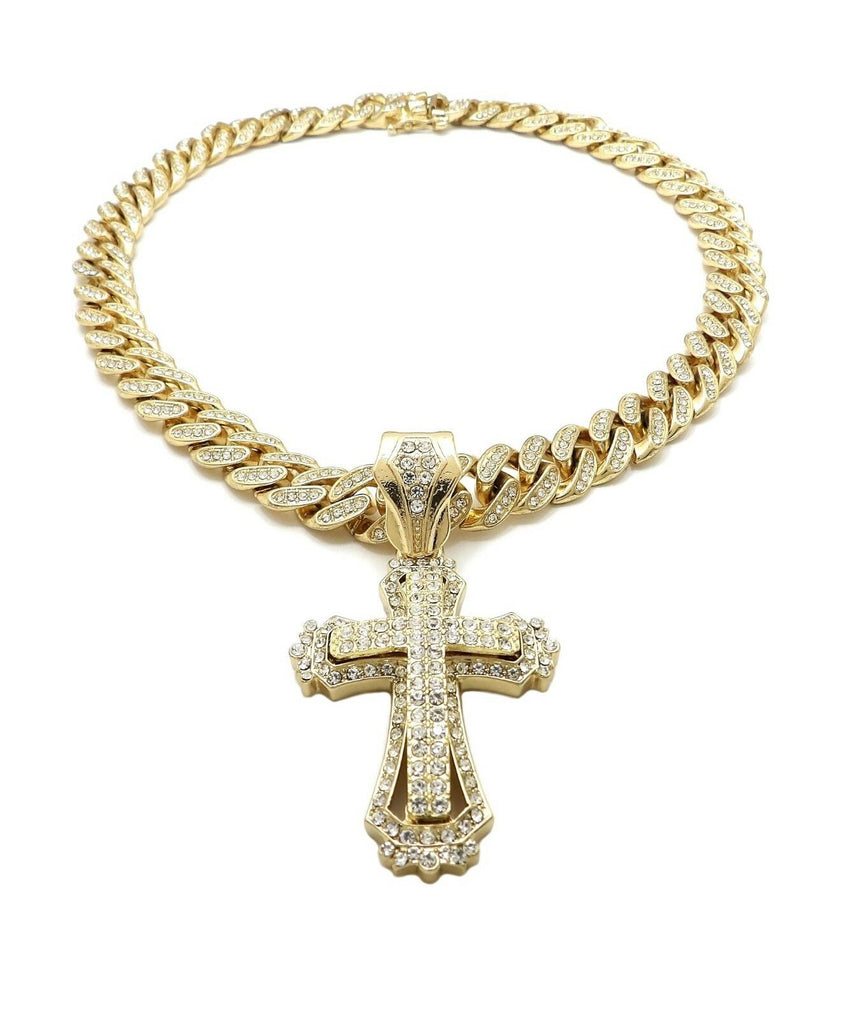 Hip Hop Gold Plated Cross Pendant & 12mm 20" Iced Box Lock Cuban Choker Chain Necklace