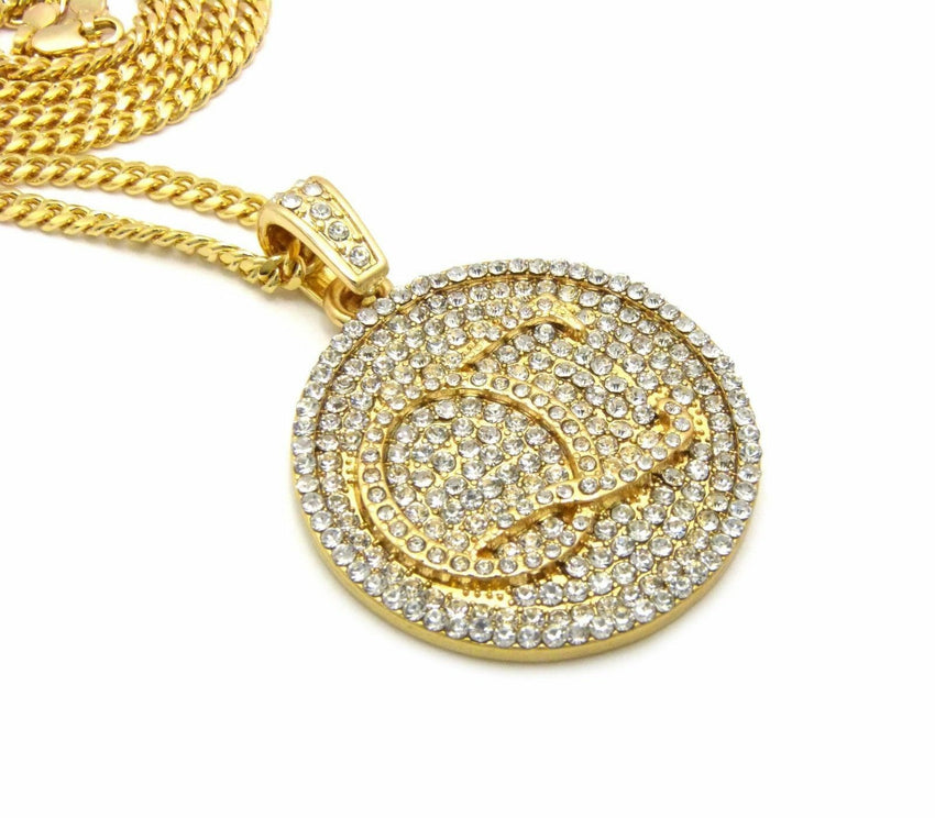 Iced Out Quavo QC Round Pendant & 24" Box, Cuban, Rope Chain Hip Hop Necklace